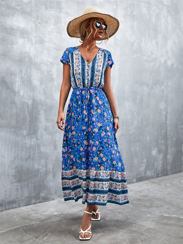 Bohemian V-Neck Maxi Dress – Woven High Waist, Short Sleeve Fit