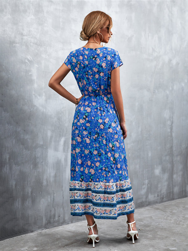 Bohemian V-Neck Maxi Dress – Woven High Waist, Short Sleeve Fit