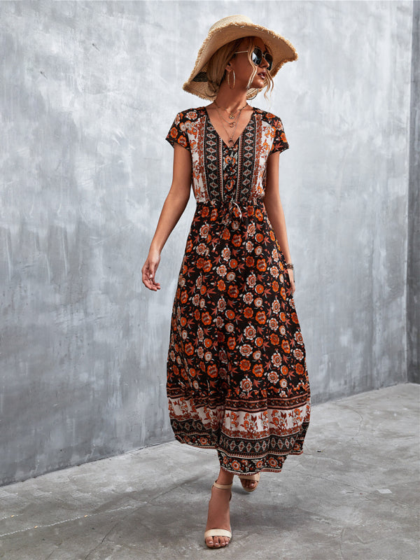 Bohemian V-Neck Maxi Dress – Woven High Waist, Short Sleeve Fit