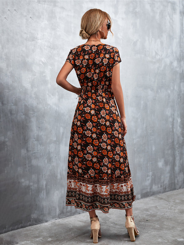 Bohemian V-Neck Maxi Dress – Woven High Waist, Short Sleeve Fit