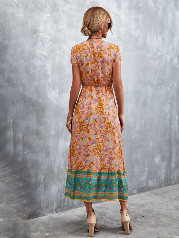 Bohemian V-Neck Maxi Dress – Woven High Waist, Short Sleeve Fit