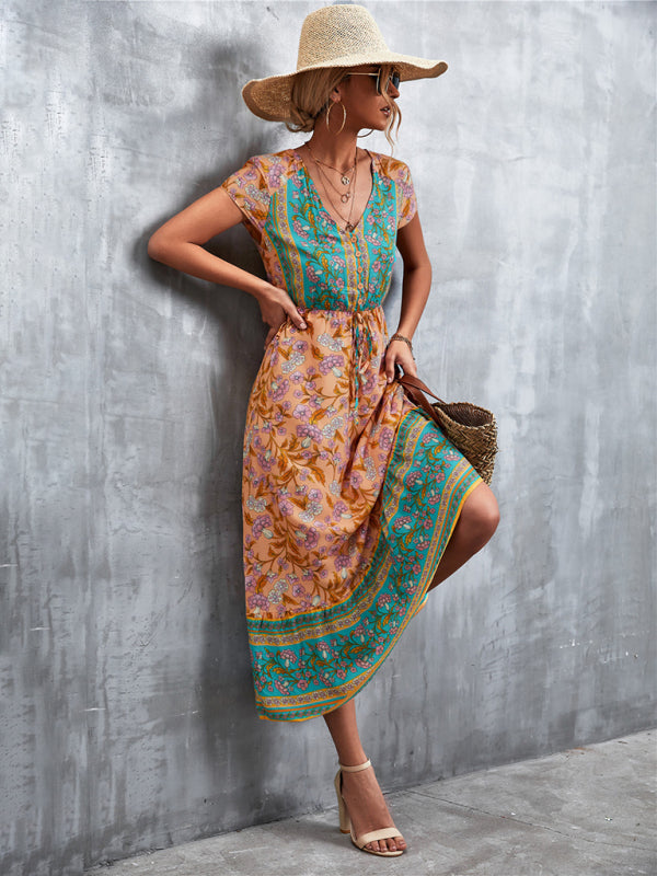 Bohemian V-Neck Maxi Dress – Woven High Waist, Short Sleeve Fit