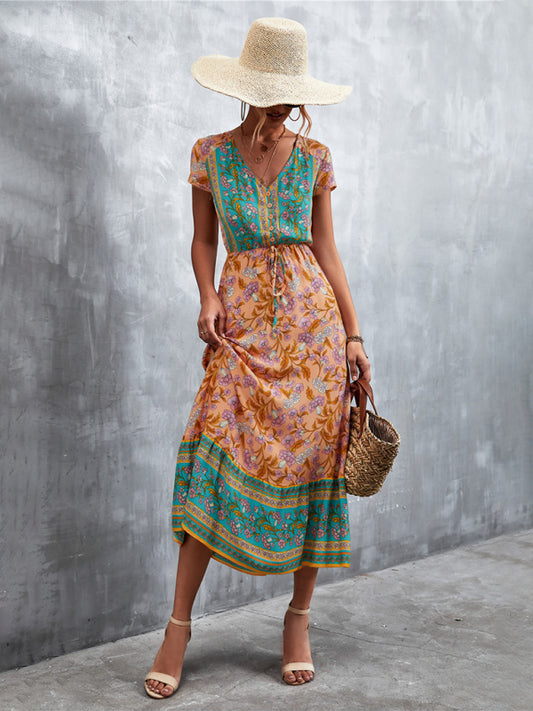 Bohemian V-Neck Maxi Dress – Woven High Waist, Short Sleeve Fit