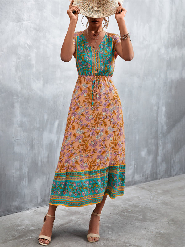 Bohemian V-Neck Maxi Dress – Woven High Waist, Short Sleeve Fit
