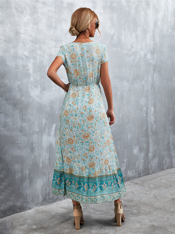 Bohemian V-Neck Maxi Dress – Woven High Waist, Short Sleeve Fit