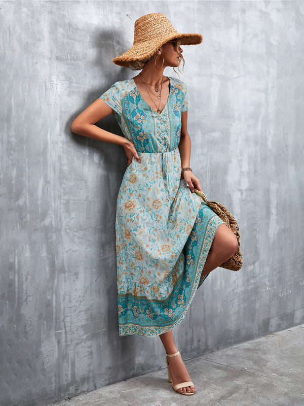 Bohemian V-Neck Maxi Dress – Woven High Waist, Short Sleeve Fit