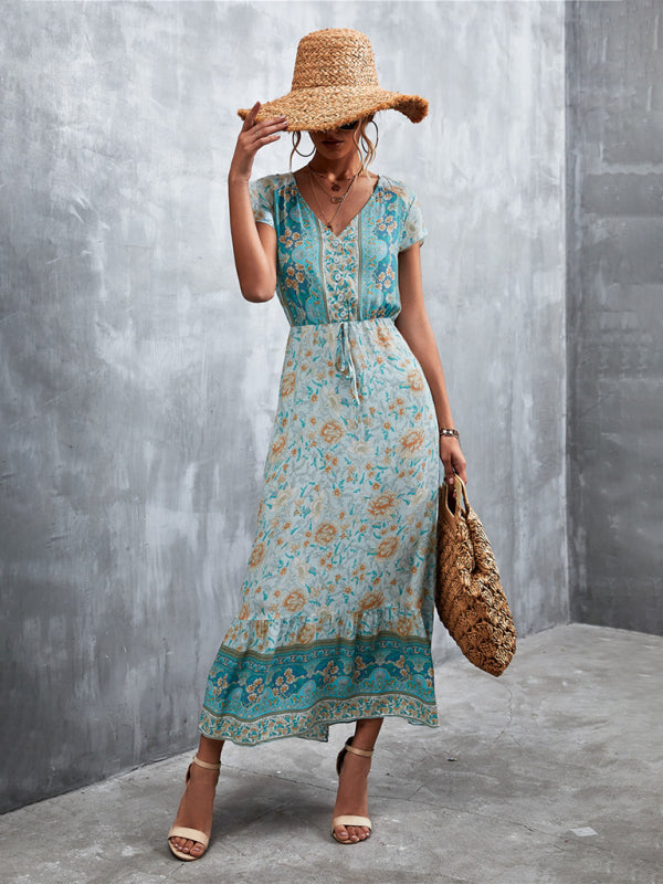 Bohemian V-Neck Maxi Dress – Woven High Waist, Short Sleeve Fit