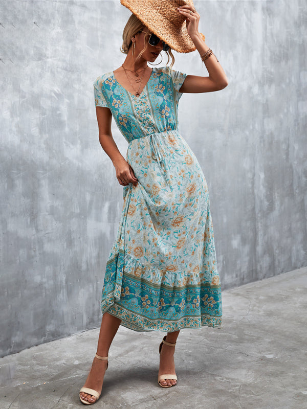 Bohemian V-Neck Maxi Dress – Woven High Waist, Short Sleeve Fit