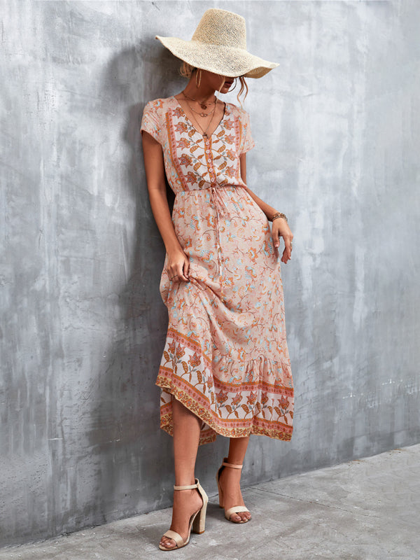 Bohemian V-Neck Maxi Dress – Woven High Waist, Short Sleeve Fit