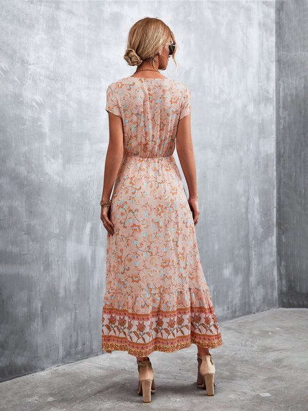 Bohemian V-Neck Maxi Dress – Woven High Waist, Short Sleeve Fit