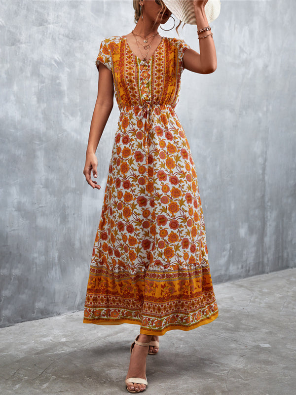 Bohemian V-Neck Maxi Dress – Woven High Waist, Short Sleeve Fit