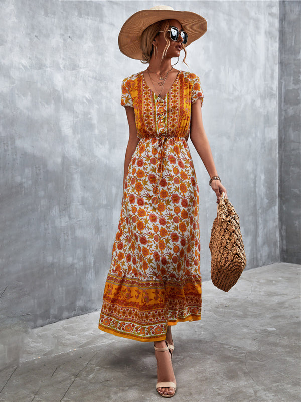 Bohemian V-Neck Maxi Dress – Woven High Waist, Short Sleeve Fit