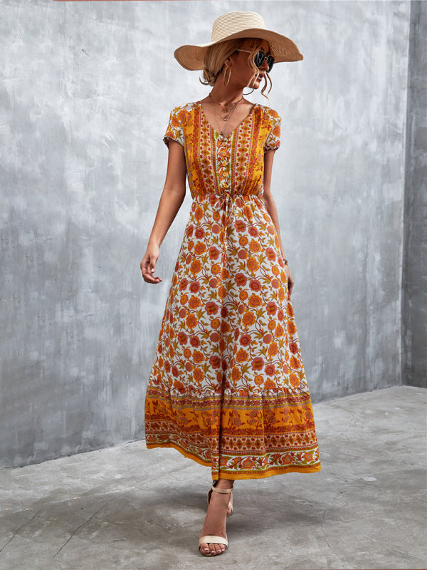 Bohemian V-Neck Maxi Dress – Woven High Waist, Short Sleeve Fit