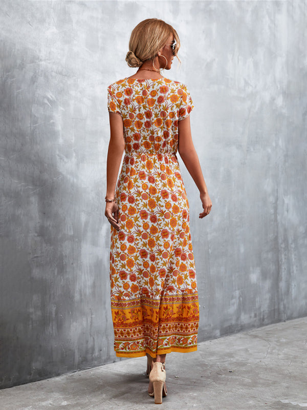 Bohemian V-Neck Maxi Dress – Woven High Waist, Short Sleeve Fit