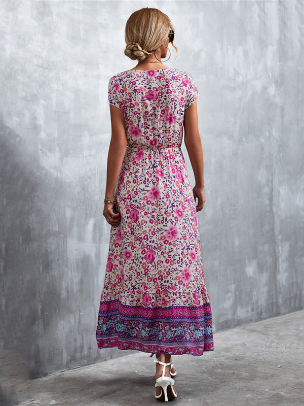 Bohemian V-Neck Maxi Dress – Woven High Waist, Short Sleeve Fit