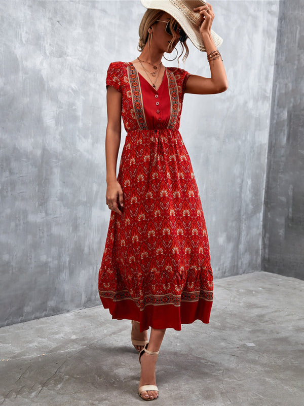 Bohemian V-Neck Maxi Dress – Woven High Waist, Short Sleeve Fit