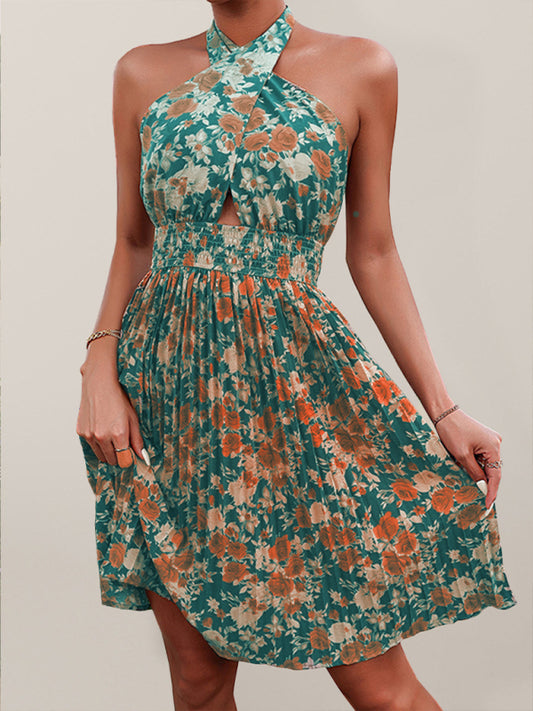 Floral Halter Neck Backless Maxi Dress – High Waist & Sleeveless