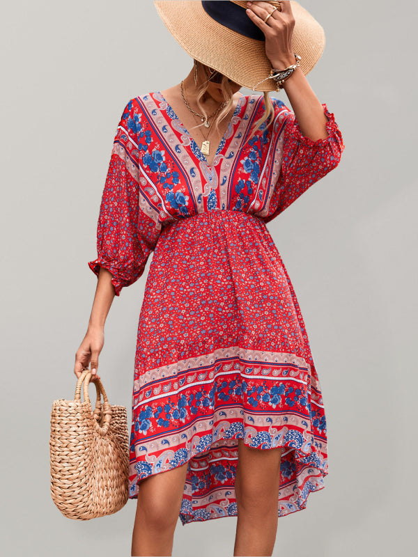 Bohemian V-Neck Open Back Dress – Flowy Fit, Woven Design, Vacation Ready