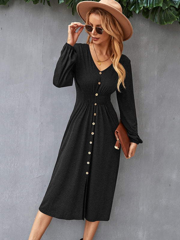 Waist-Slimming V-Neck A-Line Midi Dress – Long Sleeve Knit for Casual Days
