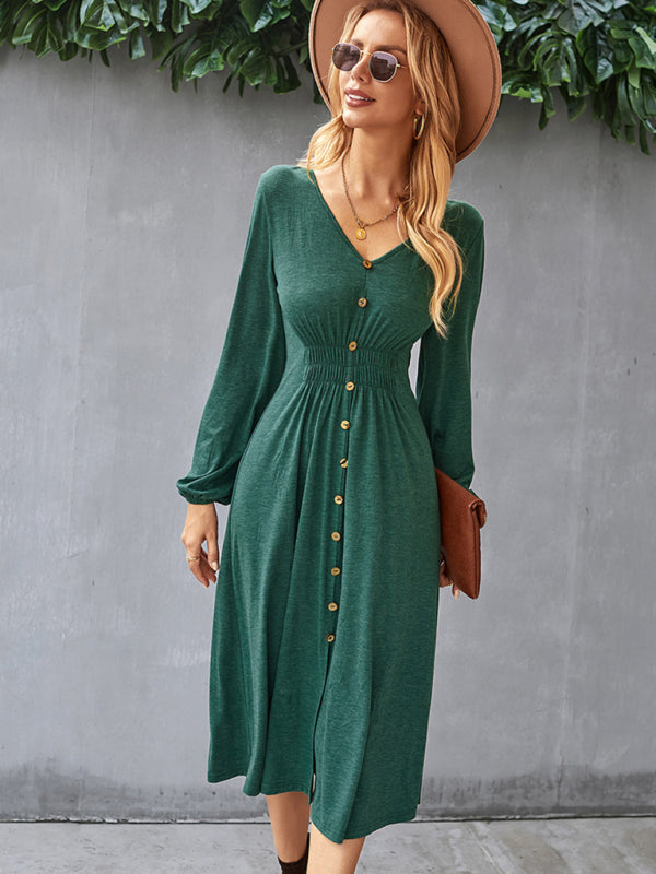 Waist-Slimming V-Neck A-Line Midi Dress – Long Sleeve Knit for Casual Days