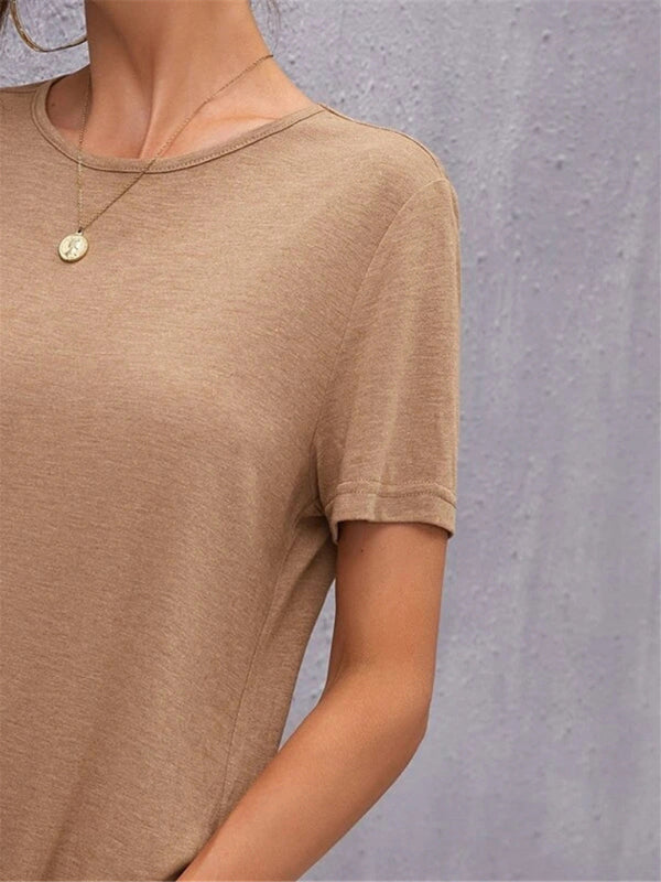 Knitted Short Sleeve Midi Dress with Round Neck & Side Slit – Leisure Fit