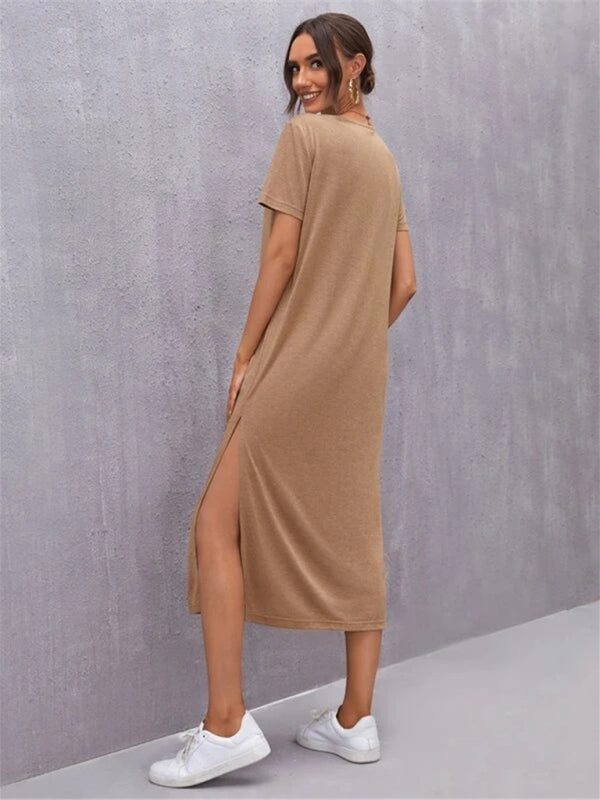 Knitted Short Sleeve Midi Dress with Round Neck & Side Slit – Leisure Fit