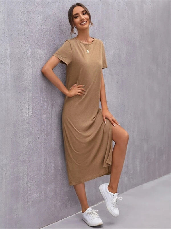 Knitted Short Sleeve Midi Dress with Round Neck & Side Slit – Leisure Fit