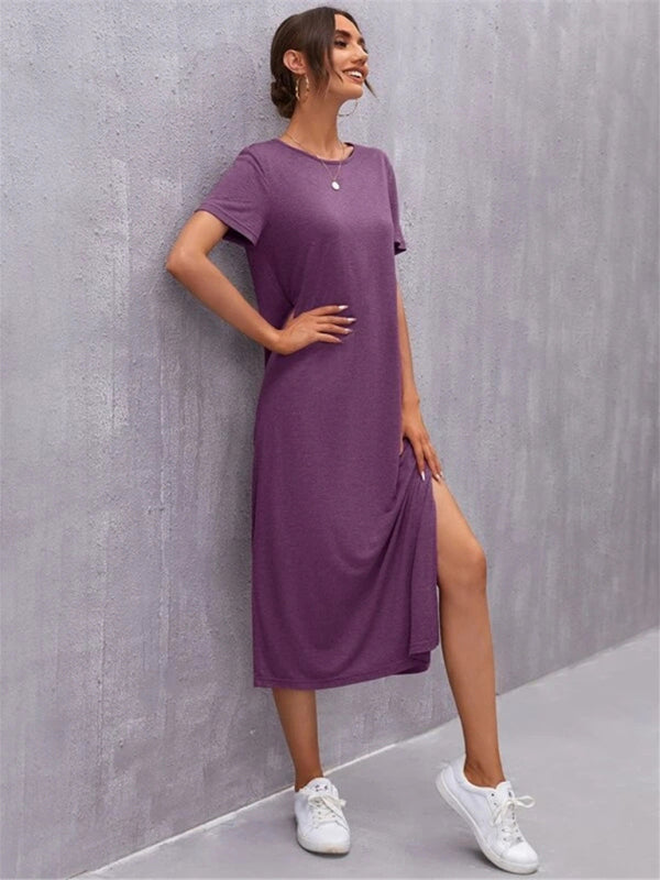 Knitted Short Sleeve Midi Dress with Round Neck & Side Slit – Leisure Fit