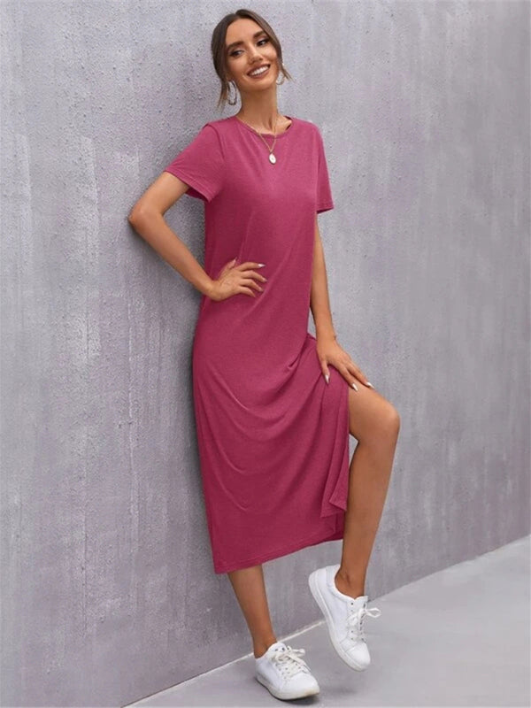 Knitted Short Sleeve Midi Dress with Round Neck & Side Slit – Leisure Fit