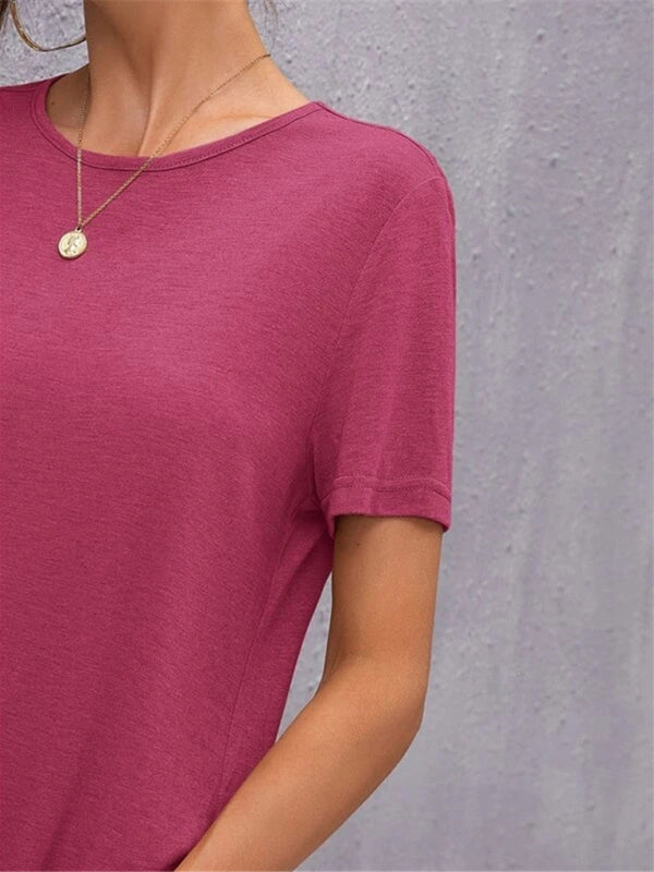 Knitted Short Sleeve Midi Dress with Round Neck & Side Slit – Leisure Fit