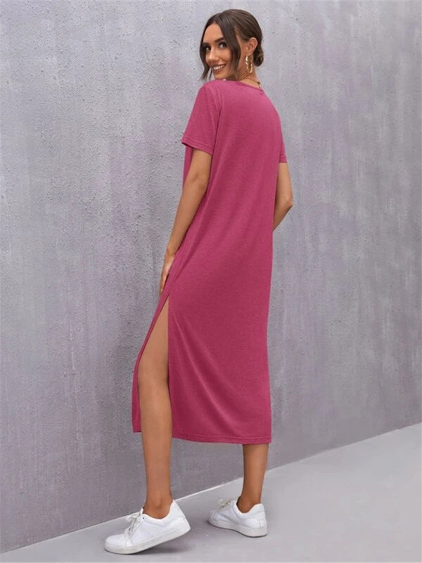 Knitted Short Sleeve Midi Dress with Round Neck & Side Slit – Leisure Fit