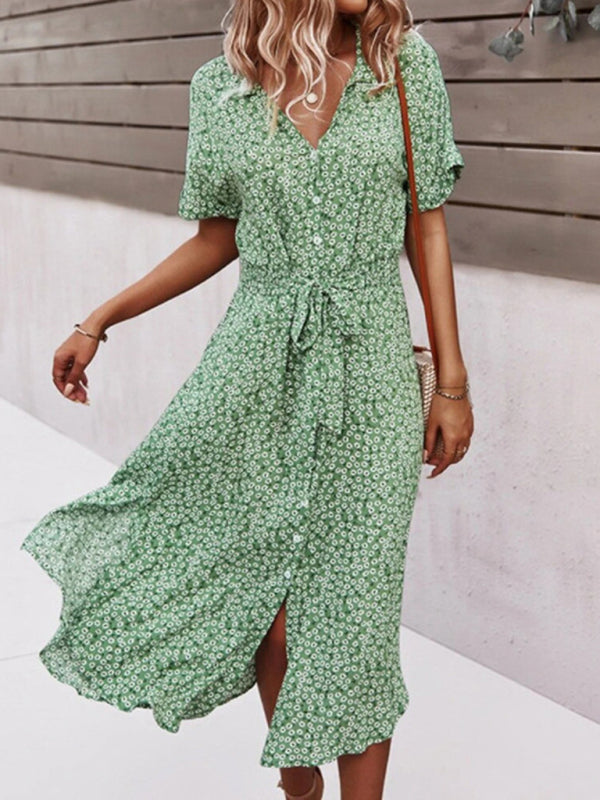 Resort Midi Streamer Dress – Lightweight Summer Print with Short Sleeves
