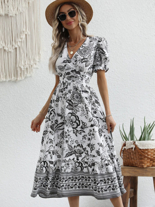 Printed Puff-Sleeve Maxi Dress with Cross Neck – Elegant Spring-Summer Look