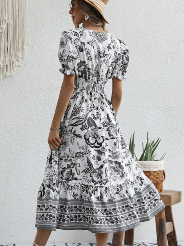 Printed Puff-Sleeve Maxi Dress with Cross Neck – Elegant Spring-Summer Look