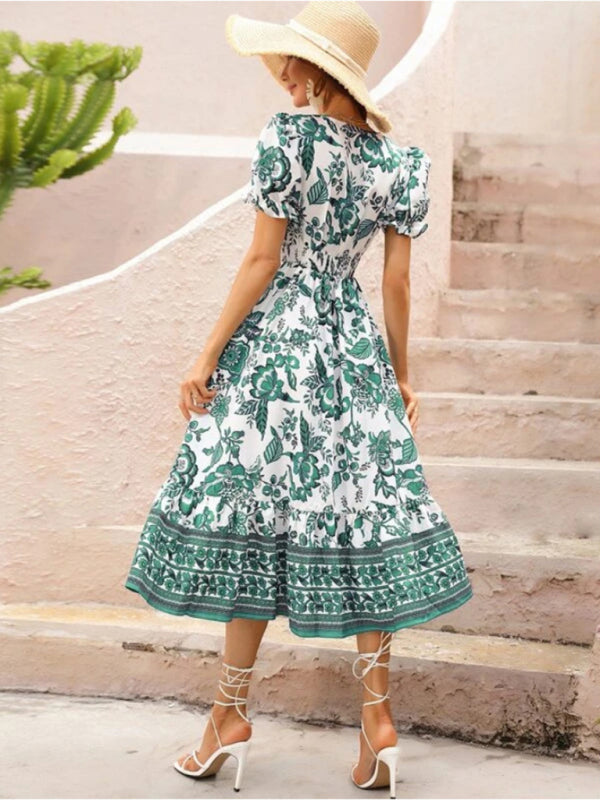 Printed Puff-Sleeve Maxi Dress with Cross Neck – Elegant Spring-Summer Look