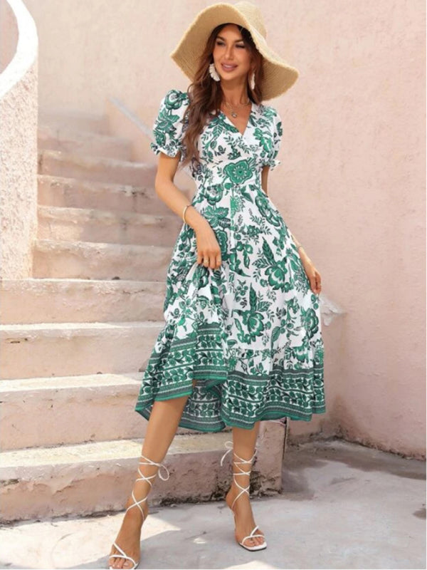 Printed Puff-Sleeve Maxi Dress with Cross Neck – Elegant Spring-Summer Look
