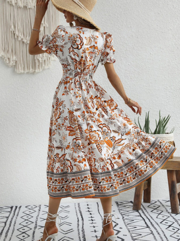 Printed Puff-Sleeve Maxi Dress with Cross Neck – Elegant Spring-Summer Look