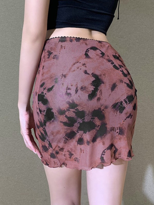Printed Mesh High Waist Wrap Skirt