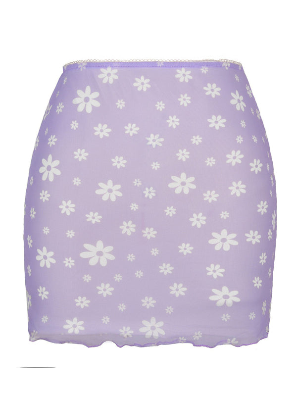 Printed Mesh High Waist Wrap Skirt