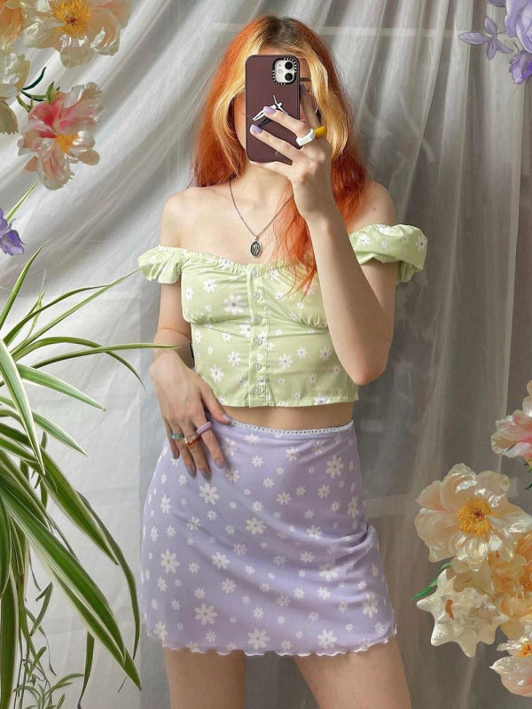 Printed Mesh High Waist Wrap Skirt