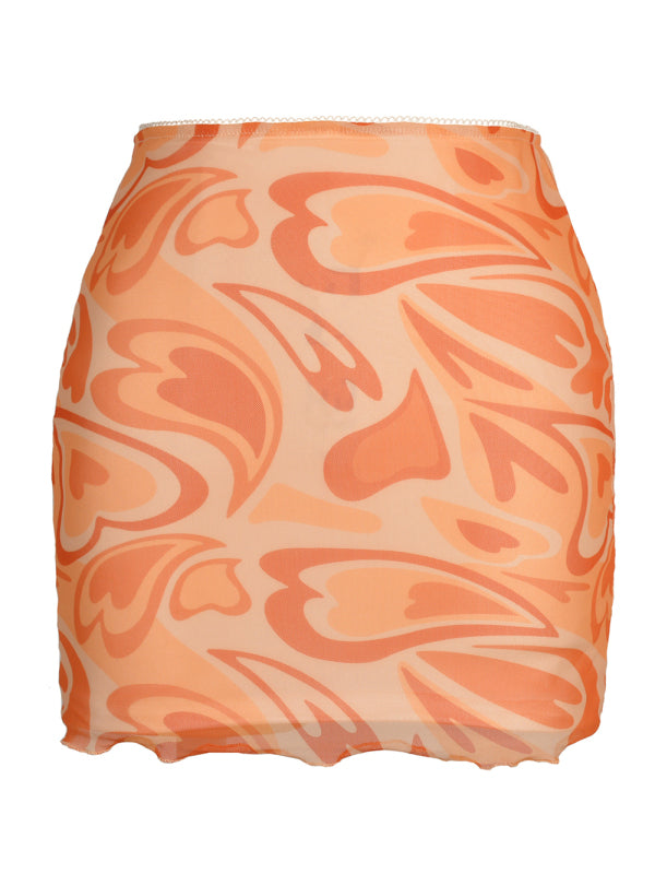 Printed Mesh High Waist Wrap Skirt