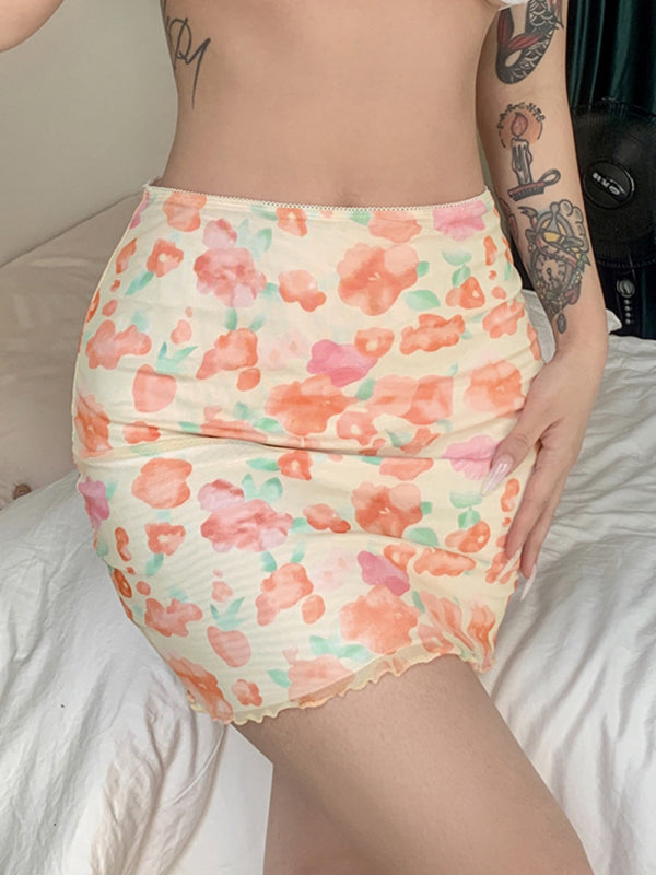 Printed Mesh High Waist Wrap Skirt