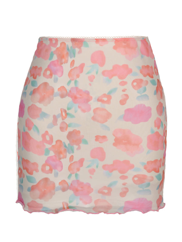 Printed Mesh High Waist Wrap Skirt