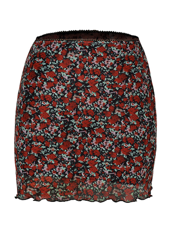 Printed Mesh High Waist Wrap Skirt