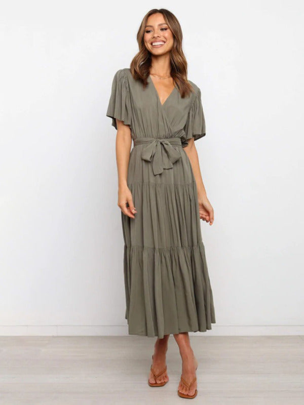 Solid V-Neck Bohemian Midi Dress – Short Flared Sleeves, Spring-Summer Style