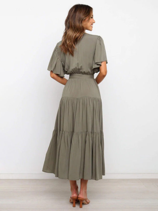 Solid V-Neck Bohemian Midi Dress – Short Flared Sleeves, Spring-Summer Style