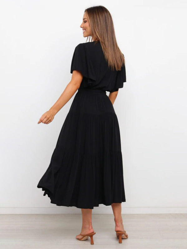 Solid V-Neck Bohemian Midi Dress – Short Flared Sleeves, Spring-Summer Style