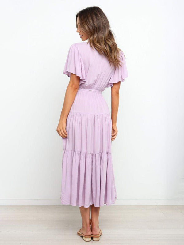 Solid V-Neck Bohemian Midi Dress – Short Flared Sleeves, Spring-Summer Style