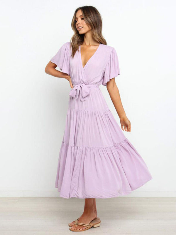 Solid V-Neck Bohemian Midi Dress – Short Flared Sleeves, Spring-Summer Style