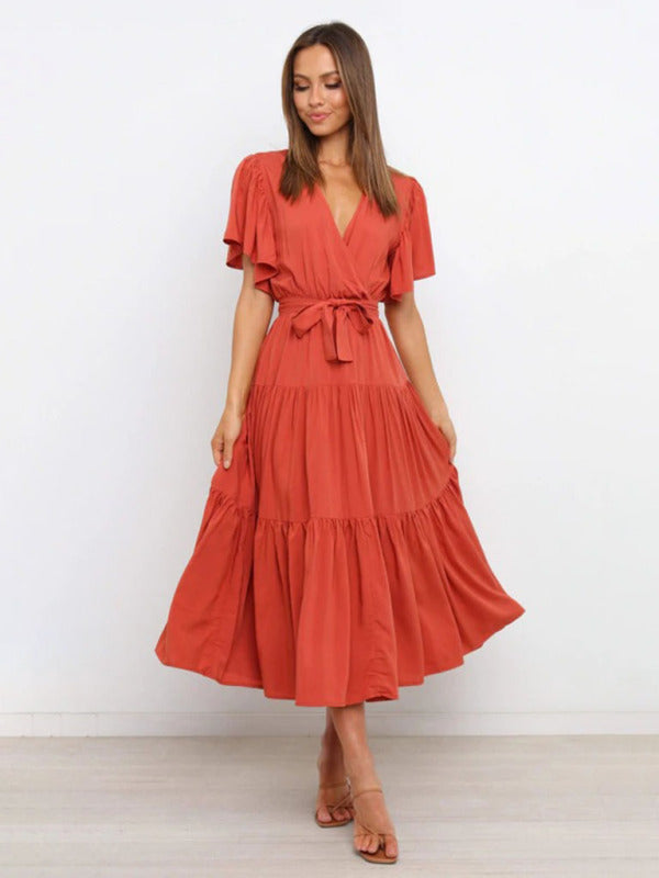 Solid V-Neck Bohemian Midi Dress – Short Flared Sleeves, Spring-Summer Style